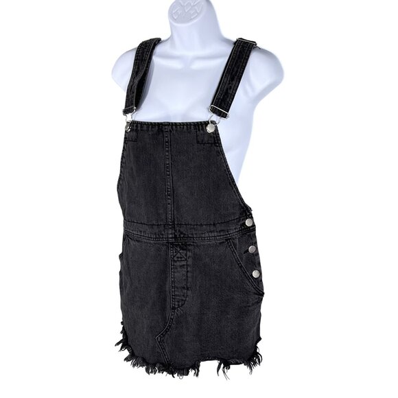 Free People Womens 4 Black Denim Overall Dress Frayed Hem Mini Jumper Grunge - Picture 4 of 15